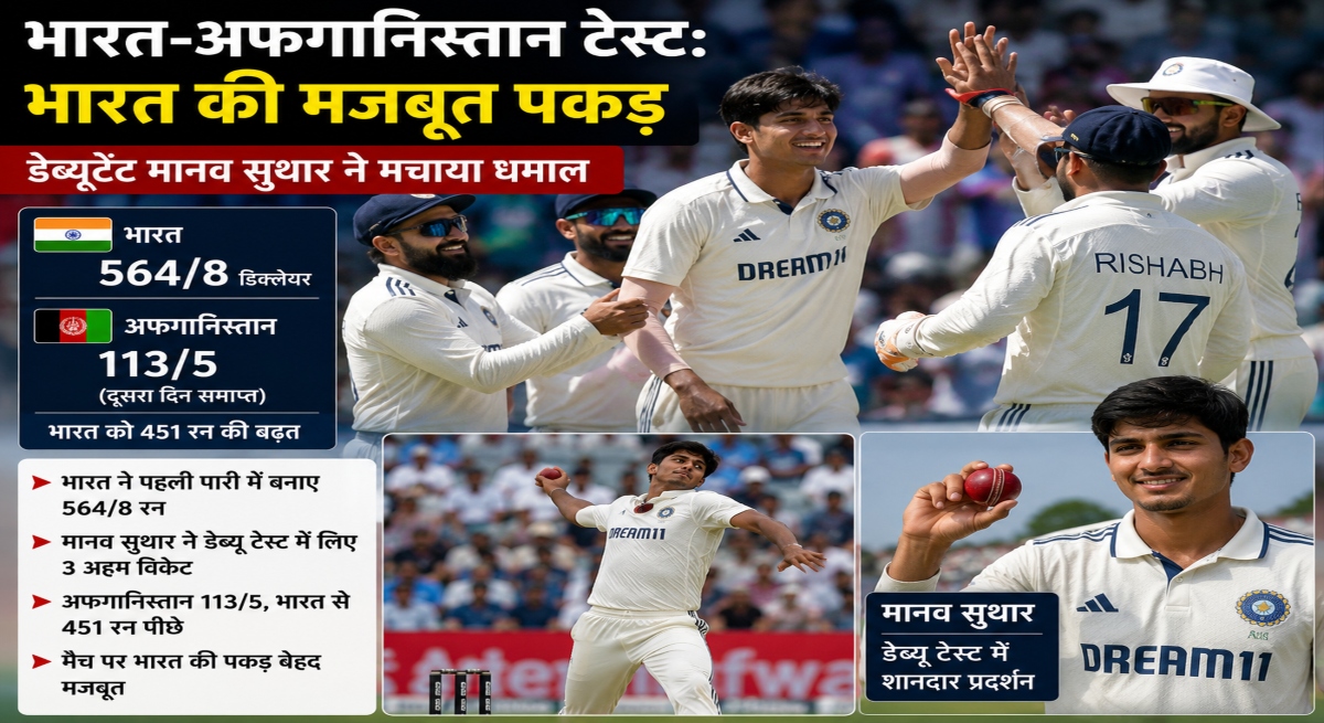 India vs Afghanistan Test, IND vs AFG Test Match, India Strong Position, Manav Suthar Debut, Manav Suthar Performance, Indian Cricket Team, Test Cricket News, Cricket Match Update, Debutant Star, India Cricket News, Afghanistan Cricket Team, Test Match Highlights, Indian Bowling Attack,