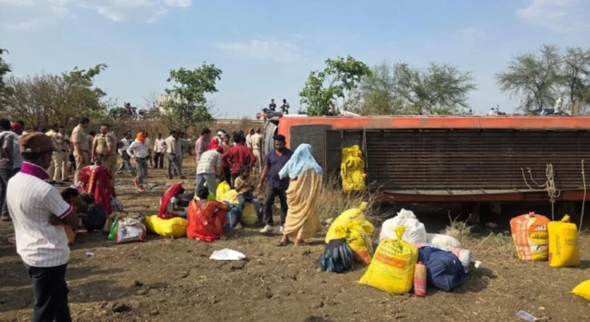 Kabirdham bus accident NH-30, Raipur Lucknow bus overturned, Nafis Travels bus accident Chhattisgarh, steering failure bus accident India, 60 passengers bus overturned, Kabirdham road accident 2026, villagers rescue bus passengers India, emergency rescue operation Chhattisgarh, five injured bus accident Kabirdham,