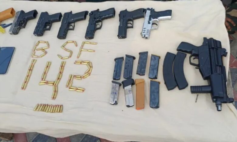 Tarn Taran news, BSF action, Pakistan drone, Drone intrusion, Khalra sector, BOP Mangli, Weapons seized, Foreign pistols recovered, Smuggler arrested, Surinder Lamba SSP, Punjab Police, Border security, Arms smuggling,